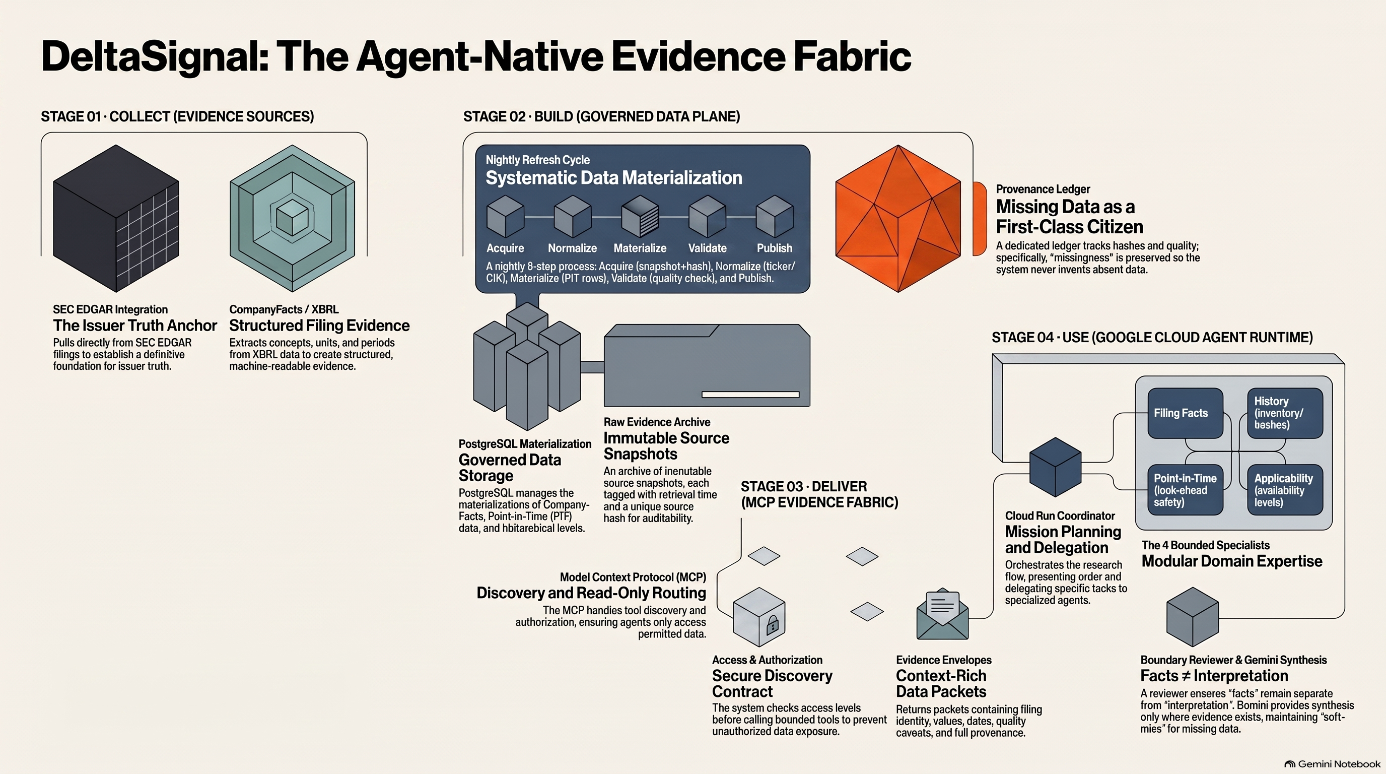 DeltaSignal Agent-Native Evidence Fabric showing Stage 01 SEC EDGAR and CompanyFacts XBRL evidence collection, Stage 02 nightly governed acquisition, normalization, materialization, validation, provenance, PostgreSQL, and immutable raw snapshots, Stage 03 MCP discovery, authorization, and evidence envelopes, and Stage 04 Google Cloud agent orchestration with four bounded specialists and Gemini synthesis.