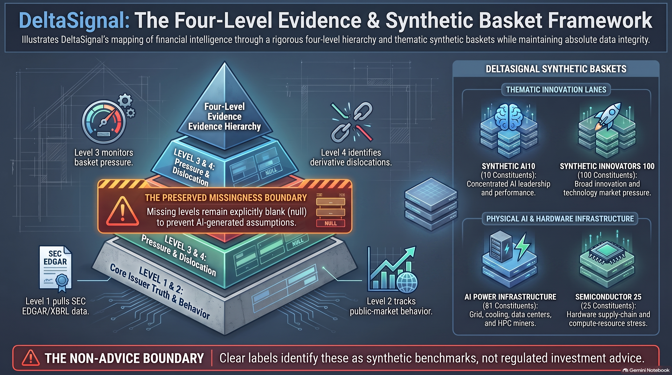 DeltaSignal Four-Level Evidence and Synthetic Basket Framework showing Level 1 SEC EDGAR and XBRL issuer truth, Level 2 public-market behavior, Level 3 point-in-time basket pressure, Level 4 derivative dislocation, a preserved-missingness boundary, and thematic synthetic benchmark lanes.