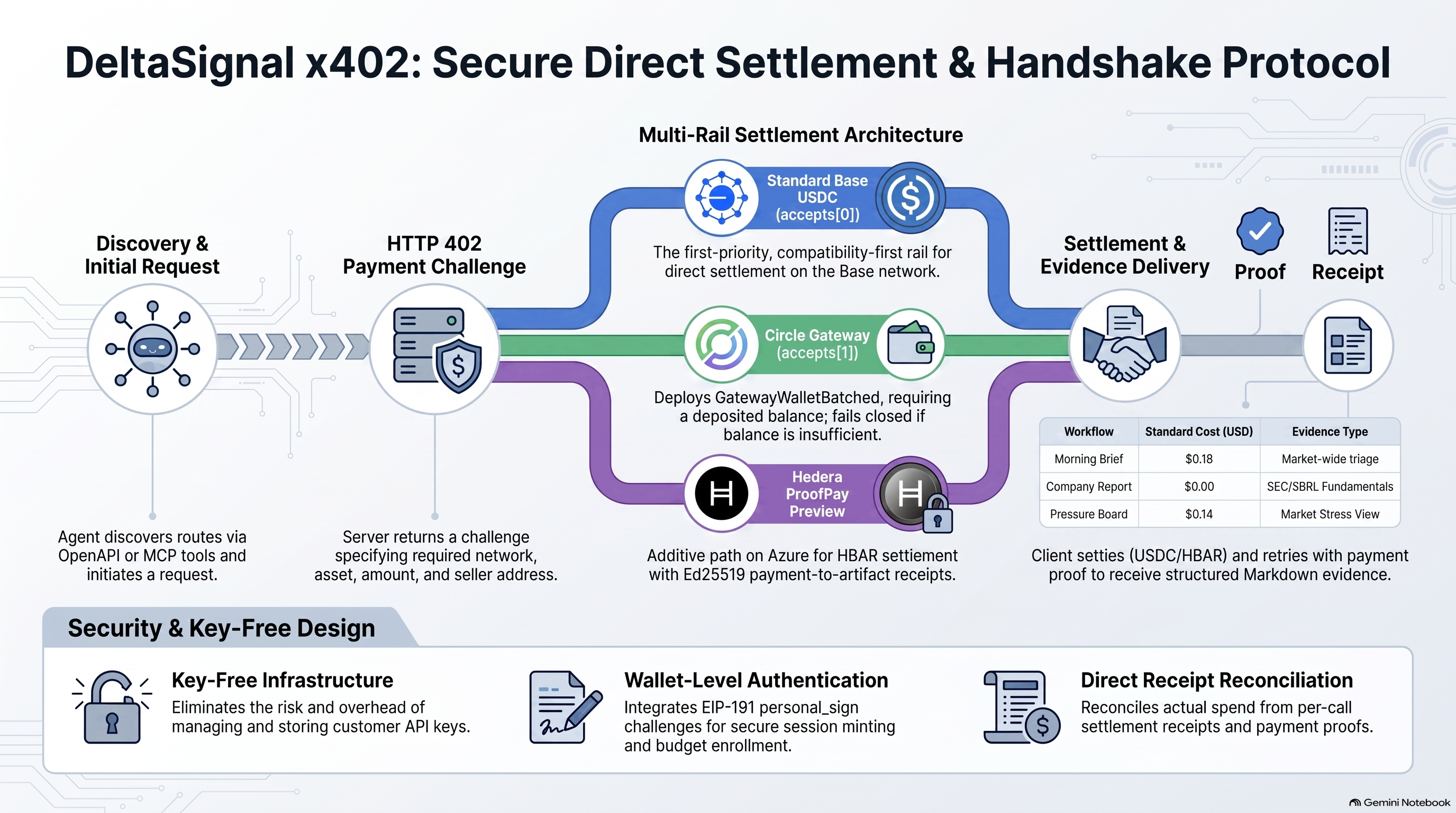 DeltaSignal x402 secure direct settlement and handshake protocol showing discovery and initial request, HTTP 402 payment challenge, standard Base USDC, Circle Gateway, and Hedera ProofPay settlement paths, payment-proof retry, evidence delivery, receipts, key-free infrastructure, EIP-191 wallet authentication, and receipt reconciliation.